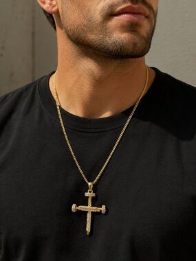 Men’s Gold Nail Cross Pendant - gold plated with CZ stones